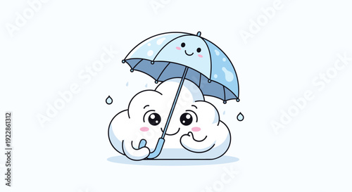 Adorable cloud character holding a blue umbrella and smiling during a light rain shower on a white background.
