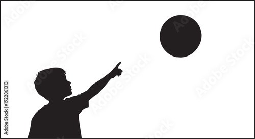 Silhouette of boy pointing at moon in night sky vector illustration young child looking up at celestial body dreaming about space exploration fantasy theme with little kid and round planetary object