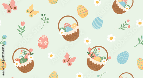 Lovely seamless pattern with easter baskets, decorated eggs, butterflies, and daisies on a light mint green base.