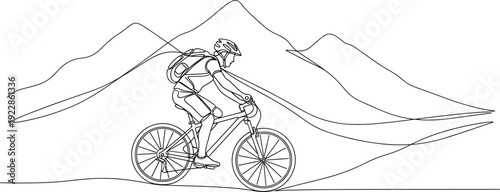 Continuous line drawing of a mountain biker for outdoor adventure sports and fitness lifestyle concepts