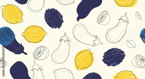 Creative seamless pattern with textured lemons and eggplants mixed with line art versions on a light cream base.