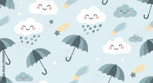 Soft seamless background with smiling rain clouds, dark blue umbrellas, shooting stars, and rain drops for kids.