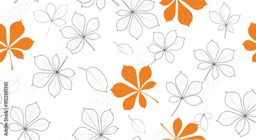 Dynamic seamless pattern with bright orange chestnut leaves mixed with delicate grey line art leaves on white.