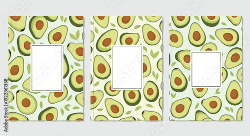 Set of three notebook or book covers featuring a trendy and colorful seamless avocado pattern with green leaves and blank frames.