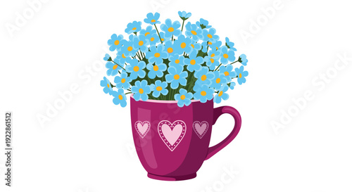 Charming illustration of a magenta cup with pink heart decorations filled with a large bouquet of small blue flowers.