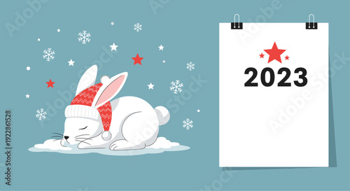 Peaceful illustration of a cute white rabbit in a red winter hat sleeping under a starry sky next to a 2023 year page.