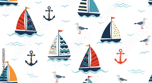 Fun seamless nautical pattern with colorful sailboats, anchors, seagulls, and wave lines on a clean white background for kids.