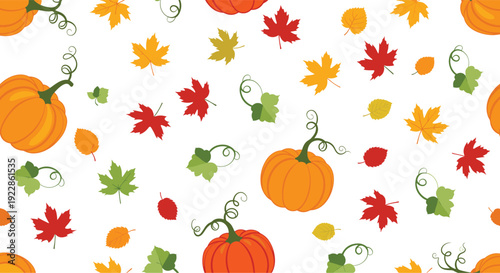 Vibrant seamless autumn pattern featuring orange pumpkins, colorful fall leaves, and green vines on a white background.