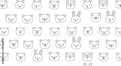Simple seamless pattern featuring cute black outline faces of various animals like rabbits, bears, pigs, and owls on a white base.