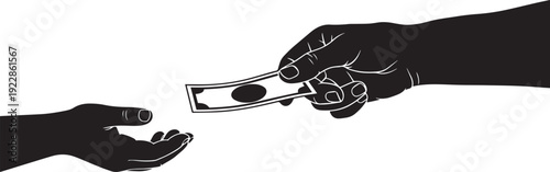 Giving and receiving money vector illustration black silhouette of hands exchanging dollar bill financial donation or charity concept payment transaction between two people business finance graphic