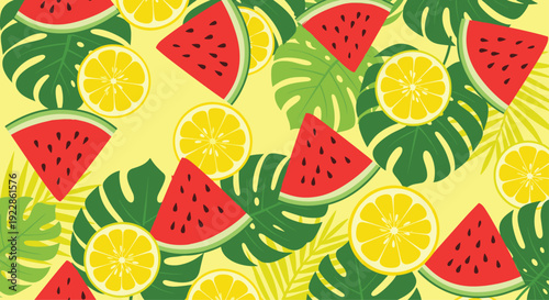 Dense seamless tropical pattern with bright watermelon slices, yellow lemon halves, and various green palm and monstera leaves.