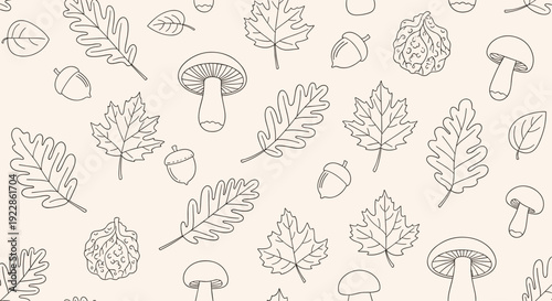 Delicate autumn pattern with leaf outlines mushrooms and acorns drawn in thin black lines on a light beige textured background.