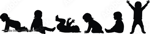Silhouettes of children in various poses on white background black kids