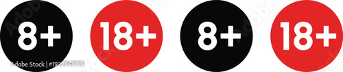 18 Plus Age Restriction Icons Collection, Adults Only 18+ Symbol in Black and Red Circle Design, Isolated Vector Illustration for Mature Content Warning