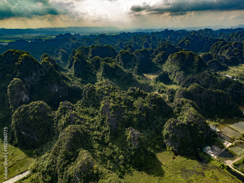 Canvas-taulu Aerial view of dramatic limestone karst mountains rising from lush green landsca