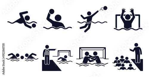 Water polo game icons players swimming throwing ball and defending goal