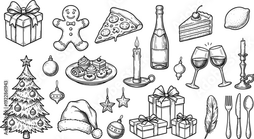 Set of Christmas and New Year party sketches featuring food, pizza, cake, wine, gifts, Santa hat, and holiday decorations icons.