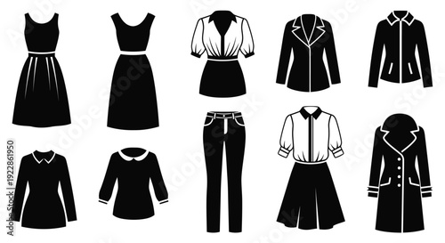 Black and white illustration of various women s clothing items arranged in a grid