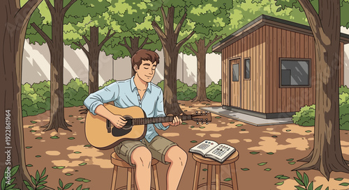 Young man playing acoustic guitar outdoors with sheet music.