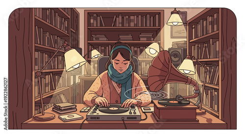 Young woman intently operating a turntable surrounded by warm light.