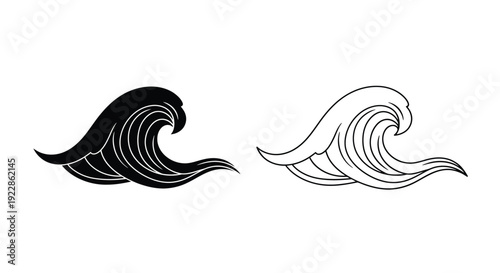 Two stylized wave illustrations one black one white with curved lines