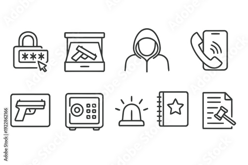 Security and crime icons with gun, safe, hacker, and police siren