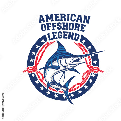 Fishing American offshore legend logo with marlin fish and rope design tshirt design