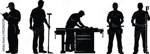 Construction workers and surveyors measuring inspecting and operating machinery industrial labor team silhouette vector illustration isolated set
