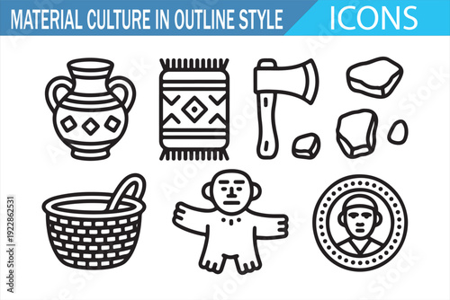 Black and White Archaeology Icon Set – Primitive Tools and Symbols