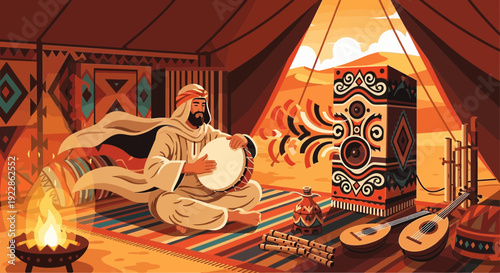 Arabian man playing traditional drum in a desert tent.