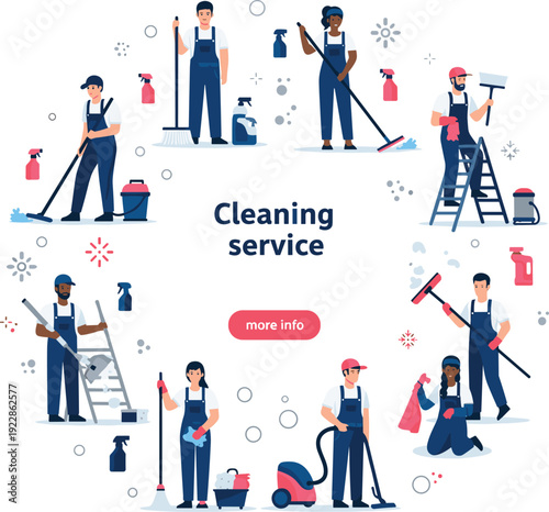Professional Cleaning Service Team Characters With Equipment And Housekeeping Tools Illustration