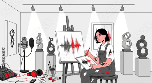 Artist painting sound waves on canvas in a creative studio.