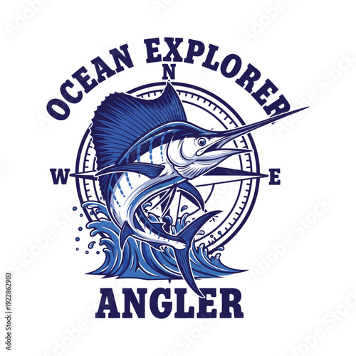 Fishing Ocean explorer angler logo with marlin fish and compass tshirt design