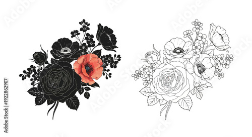 Floral arrangements a black bouquet with a red poppy and its grayscale counterpart
