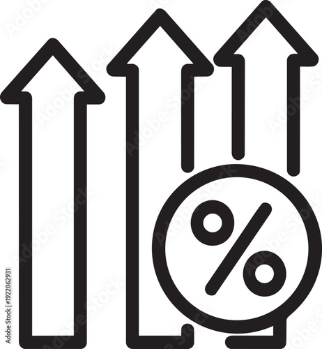 Thin line vector design showing three upward arrows and a percentage sign indicating tax rate increase