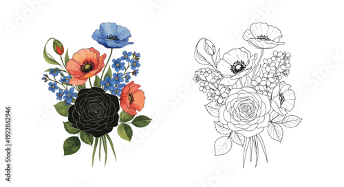 Floral arrangement featuring poppies roses and forget me nots in color and monochrome