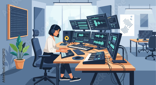 Female audio engineer working in a professional sound studio.