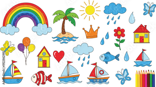 Colorful hand drawn doodle icon set featuring rainbow, sun, clouds, palm island, sailboats, butterflies, fish, houses, balloons, and school supplies.