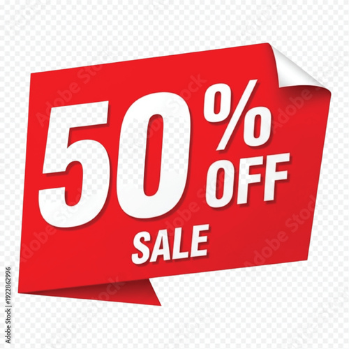 50 Percent Off Sale Tag with White Text on Red Banner Isolated on Transparent Background