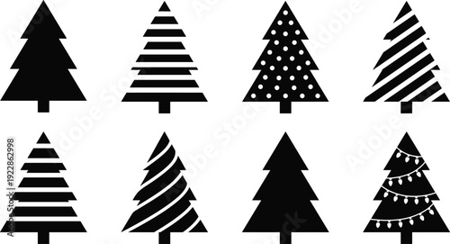 Set of eight black Christmas tree silhouettes with various patterns like stripes, polka dots, and lights for winter holiday decorations.