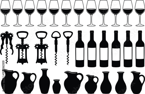 Wine glasses, bottles, corkscrews and pitchers silhouette vector set, black bar and restaurant drinkware icons collection isolated on white background