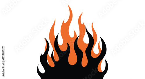 Stylized flames rise upwards depicted in vibrant orange and black tones