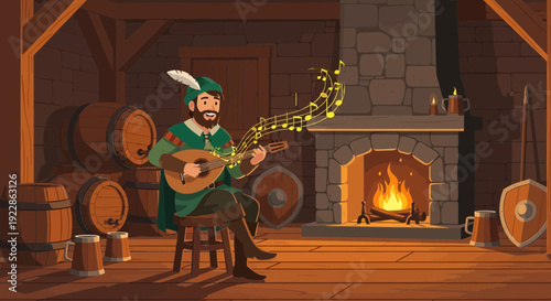 Happy medieval bard playing lute and singing a song.