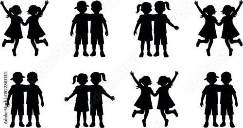 Black children silhouette vector icon set featuring happy kids jumping, playing, and hugging for childhood, friendship, education, and family-oriented graphic design projects.