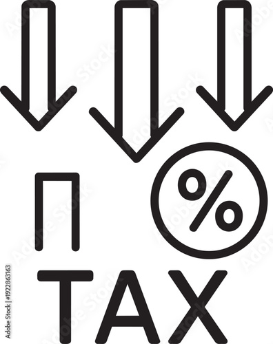 Minimalist line drawing of downward arrows pointing at a tax symbol representing financial business tax reduction