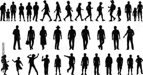 People silhouettes collection featuring men, women and children walking, standing and interacting, everyday lifestyle characters isolated on white background