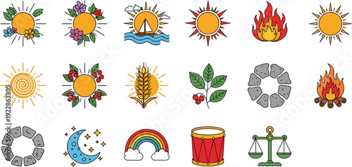 Nature and solstice icon set featuring sun symbols, summer flowers, sailing boat, harvest wheat, campfire, moon, stars, and rainbow vector graphics.