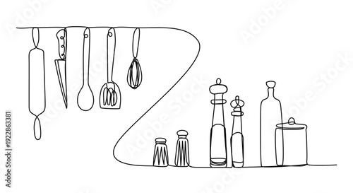 Kitchen tools in continuous one line art style. Concept for food blogs, recipe books, restaurant branding, packaging design, kitchen decor. Simple vector illustration