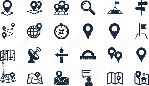 Navigation and map location icon set featuring GPS pin markers, folded maps, compass, satellite dish, route tracking, and directional signage symbols.