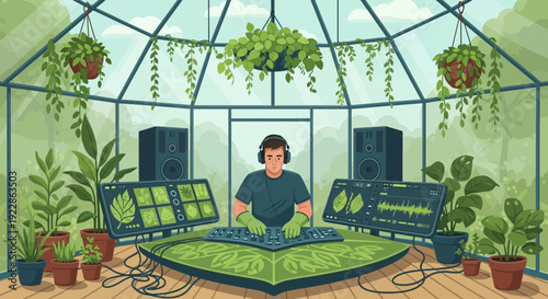 Man wearing headphones mixing music in a plantfilled studio.